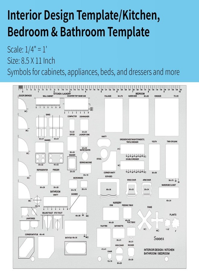 SOOEZ Architectural House Plan and Interior Design Template Kit - 1/4 Scale Drawing and Drafting Tools for Furniture and Architecture - Image 3
