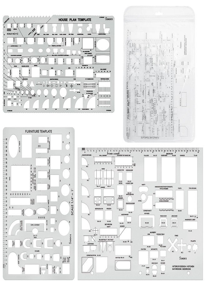 SOOEZ Architectural House Plan and Interior Design Template Kit - 1/4 Scale Drawing and Drafting Tools for Furniture and Architecture - Image 1