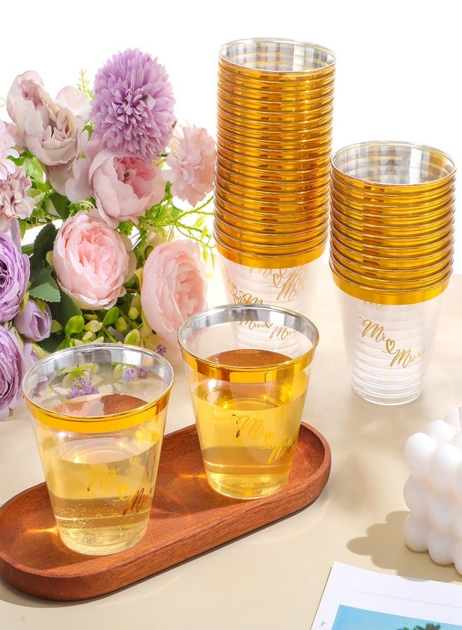 Funnymoom 100 Pack 9 oz Wedding Mr and Mrs Cups Gold Trim Bulk Engagement Cups Disposable Plastic Reception Clear Bridal Shower Drinking for Wedding Engagement Party - Image 4