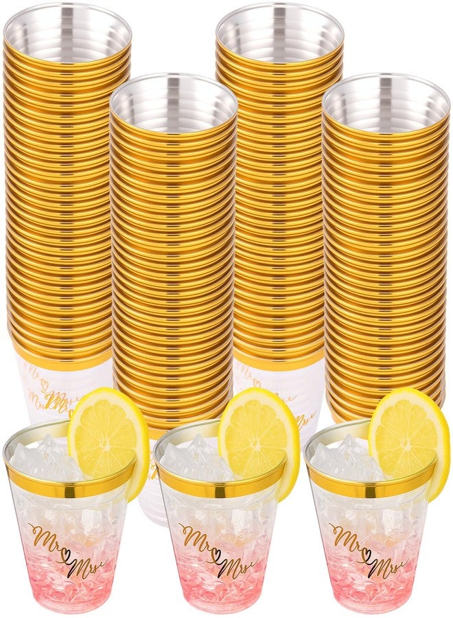 Funnymoom 100 Pack 9 oz Wedding Mr and Mrs Cups Gold Trim Bulk Engagement Cups Disposable Plastic Reception Clear Bridal Shower Drinking for Wedding Engagement Party - Image 1