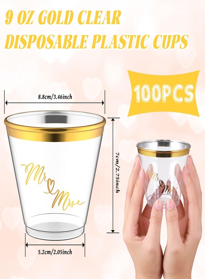 Funnymoom 100 Pack 9 oz Wedding Mr and Mrs Cups Gold Trim Bulk Engagement Cups Disposable Plastic Reception Clear Bridal Shower Drinking for Wedding Engagement Party - Image 2
