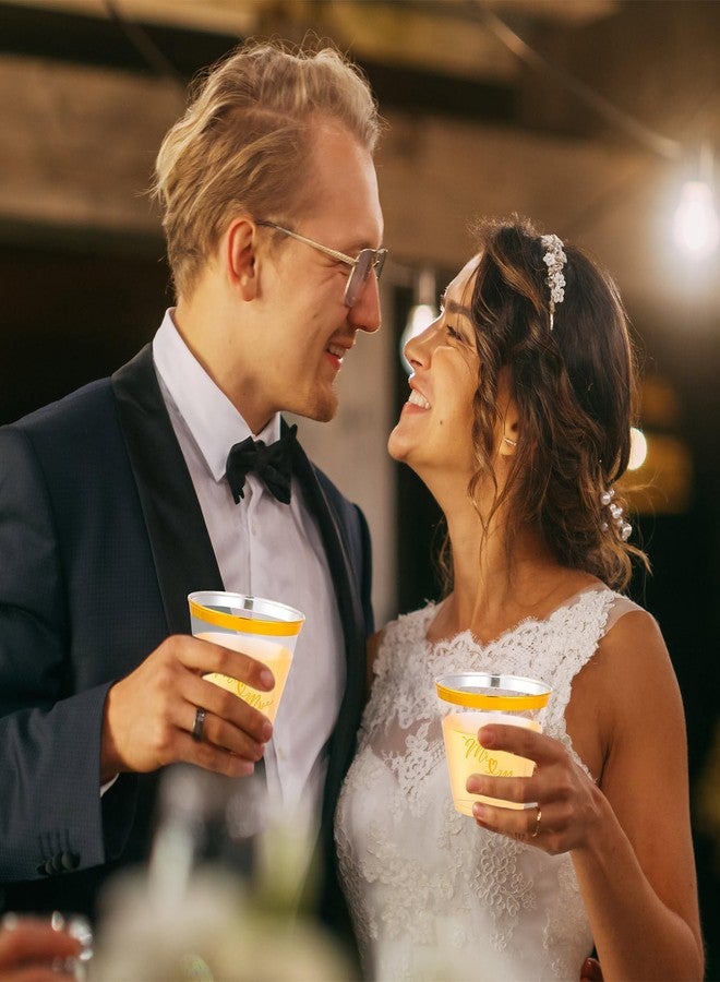 Funnymoom 100 Pack 9 oz Wedding Mr and Mrs Cups Gold Trim Bulk Engagement Cups Disposable Plastic Reception Clear Bridal Shower Drinking for Wedding Engagement Party - Image 5