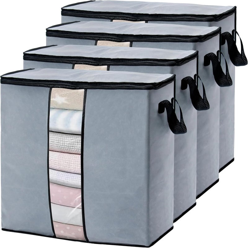 Wollar 4 Pcs Large Clothes Storage Bag Organizers, 90L Foldable Storage Containers with Clear Window, Reinforced Handles & Sturdy Zipper for King Comforter, Bedding Pillow Sheet, (Grey) - Image 1