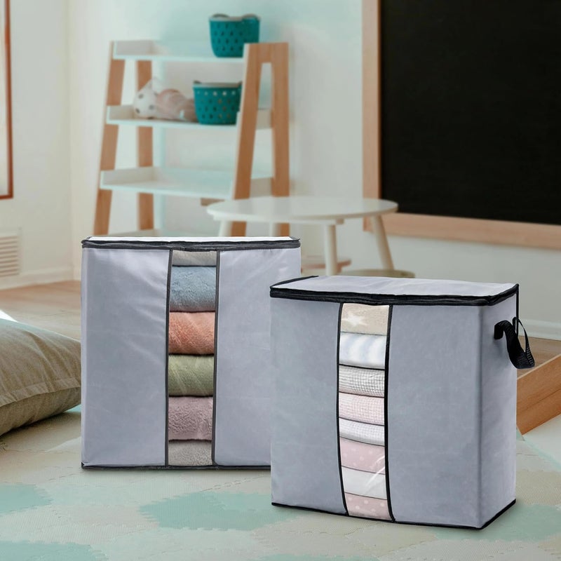 Wollar 4 Pcs Large Clothes Storage Bag Organizers, 90L Foldable Storage Containers with Clear Window, Reinforced Handles & Sturdy Zipper for King Comforter, Bedding Pillow Sheet, (Grey) - Image 4