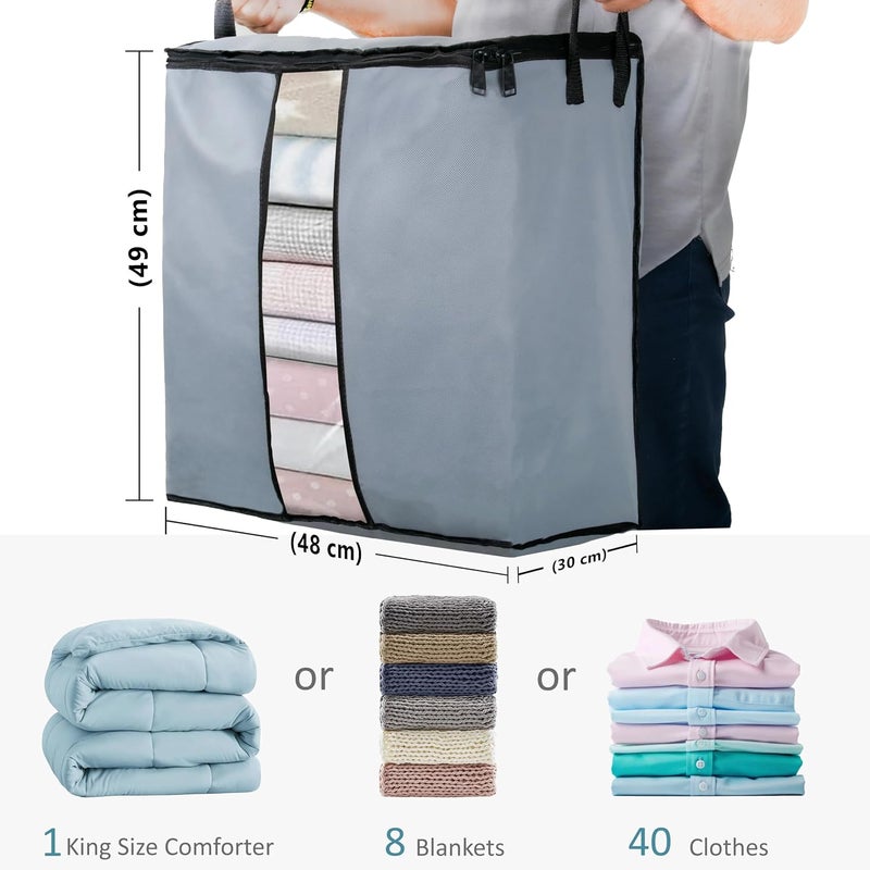 Wollar 4 Pcs Large Clothes Storage Bag Organizers, 90L Foldable Storage Containers with Clear Window, Reinforced Handles & Sturdy Zipper for King Comforter, Bedding Pillow Sheet, (Grey) - Image 3