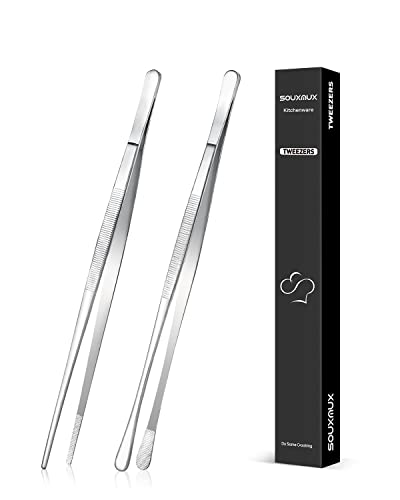 SouxMux 2 Pcs 10-inch Cooking Tweezers Tongs Precision Serrated Tips, Stainless Steel Professional Chef Tweezer Kitchen Tools for BBQ, Plating and Serving (Silver) - Image 1