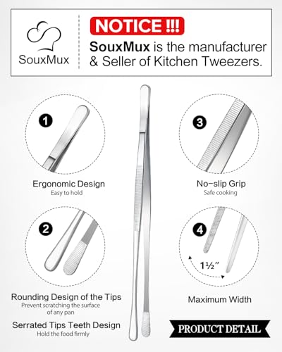SouxMux 2 Pcs 10-inch Cooking Tweezers Tongs Precision Serrated Tips, Stainless Steel Professional Chef Tweezer Kitchen Tools for BBQ, Plating and Serving (Silver) - Image 2