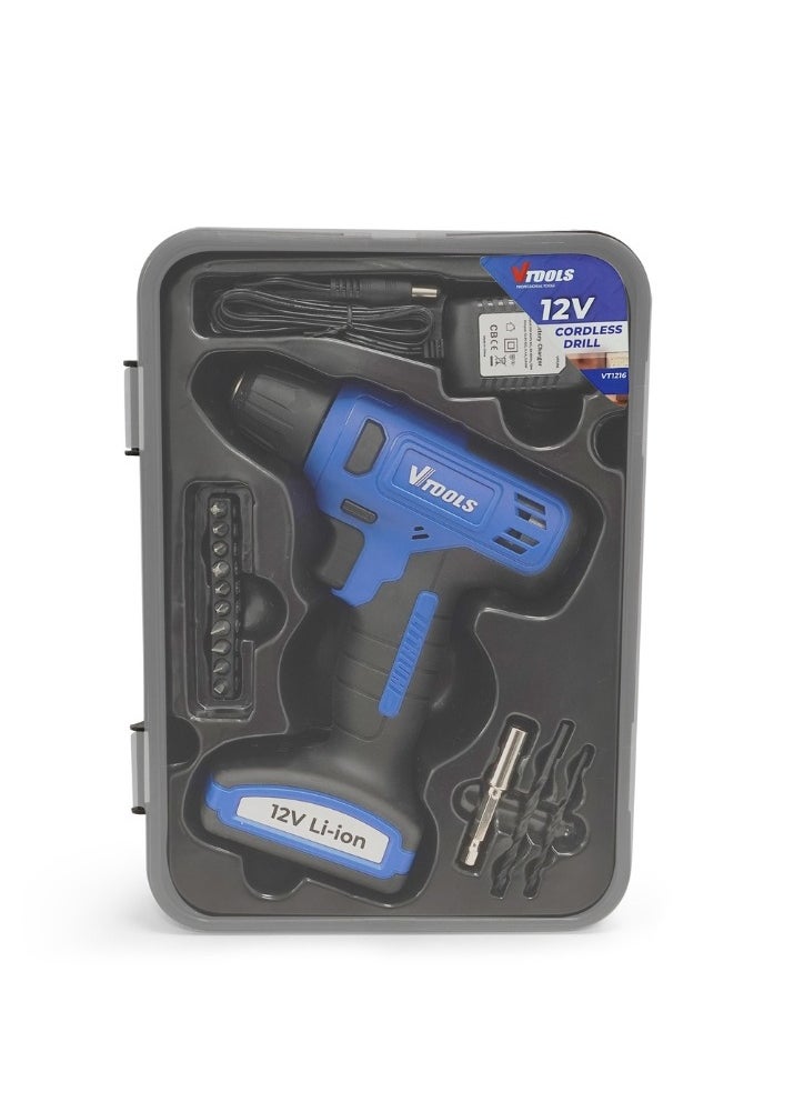 VTOOLS - 12V Cordless Drill Driver, Up to 850RPM, Build-in Lithium-Ion Batteries 1.5 mAh, Powerful 16NM Torque, 10mm Chuck for Efficient Drilling & Fastening, 2 Years Warranty - Image 1
