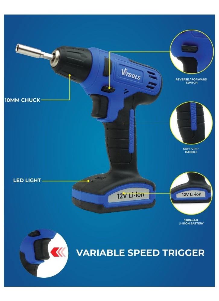 VTOOLS - 12V Cordless Drill Driver, Up to 850RPM, Build-in Lithium-Ion Batteries 1.5 mAh, Powerful 16NM Torque, 10mm Chuck for Efficient Drilling & Fastening, 2 Years Warranty - Image 1