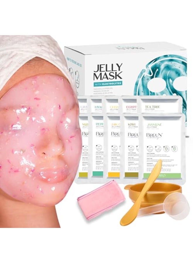 BRÜUN PeelOff Jelly Mask Premium Modeling Rubber Mask Spa Set 10 Treatments 24k Gold Lavender Kiwi Peppermint Egyptian Rose Matcha Chamomile Tea tree Jazmine - Image 1