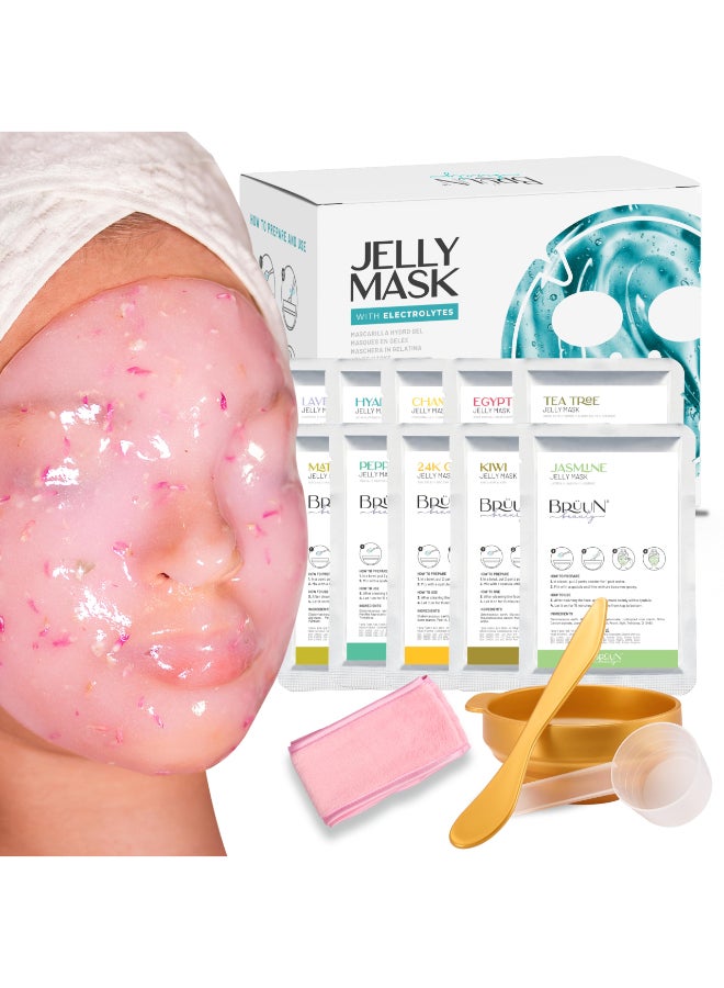 BRÜUN PeelOff Jelly Mask Premium Modeling Rubber Mask Spa Set 10 Treatments 24k Gold Lavender Kiwi Peppermint Egyptian Rose Matcha Chamomile Tea tree Jazmine - Image 3