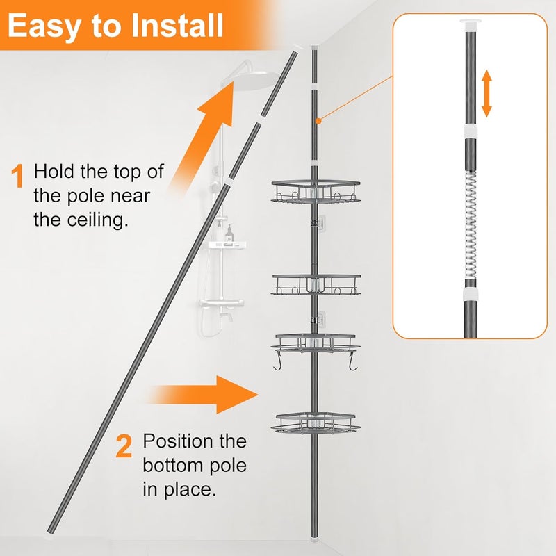 DUFU Corner Shower Caddy Tension Pole, Shower Tension Rod Organizer, 4-Tier Adjustable Floor to Ceiling Shower Caddy 33-127inch, No Drilling Shower Shelf for Inside Shower (Grey) - Image 5