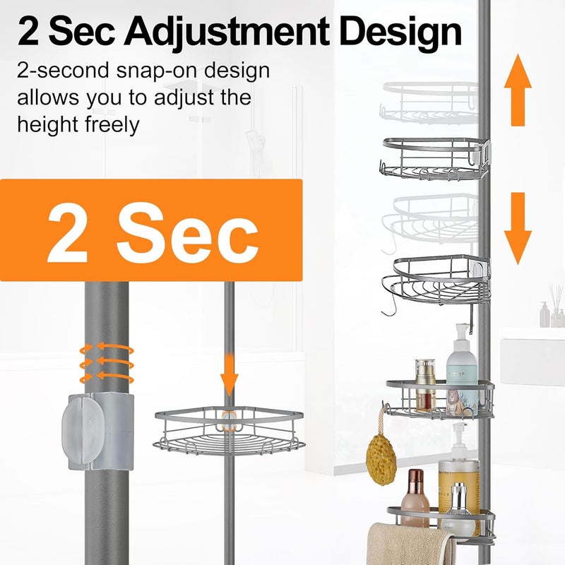 DUFU Corner Shower Caddy Tension Pole, Shower Tension Rod Organizer, 4-Tier Adjustable Floor to Ceiling Shower Caddy 33-127inch, No Drilling Shower Shelf for Inside Shower (Grey) - Image 2