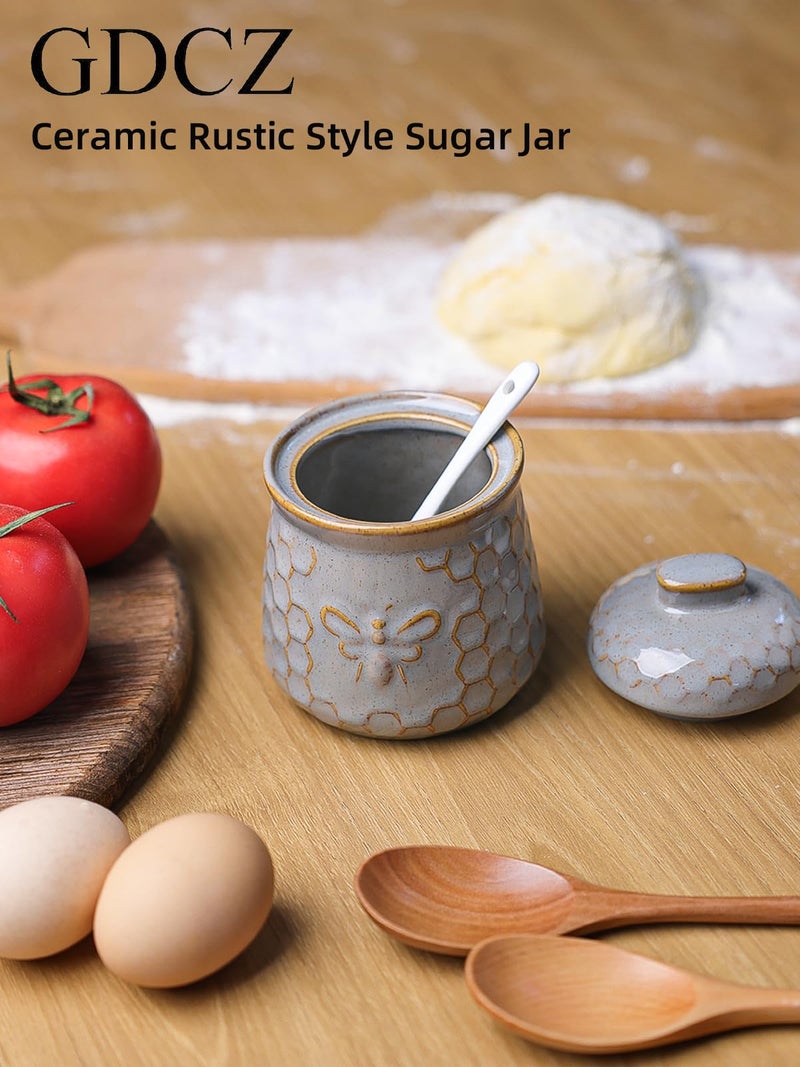 GDCZ Ceramic Sugar Bowl with Lid and Spoon, Honey Containers for Storing Syrup, Farmhouse Kitchen Decor, 10 Oz (Grey) - Image 3