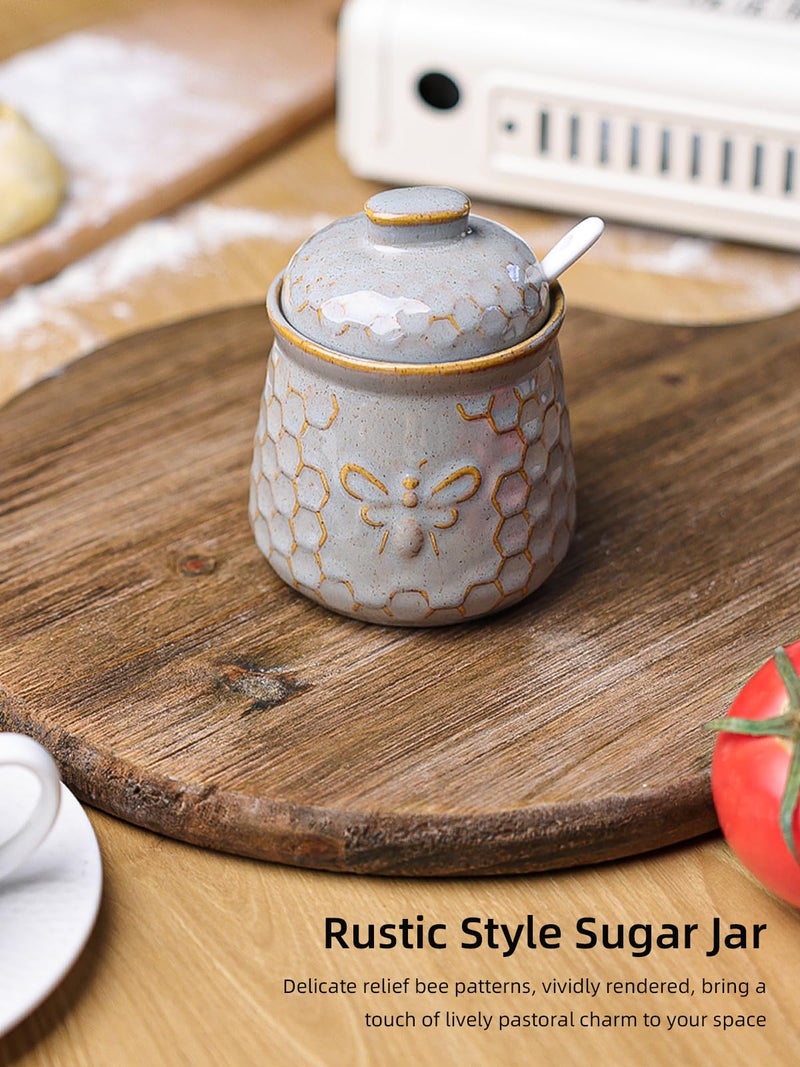 GDCZ Ceramic Sugar Bowl with Lid and Spoon, Honey Containers for Storing Syrup, Farmhouse Kitchen Decor, 10 Oz (Grey) - Image 4
