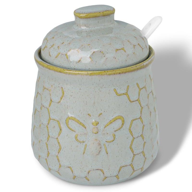 GDCZ Ceramic Sugar Bowl with Lid and Spoon, Honey Containers for Storing Syrup, Farmhouse Kitchen Decor, 10 Oz (Grey) - Image 1