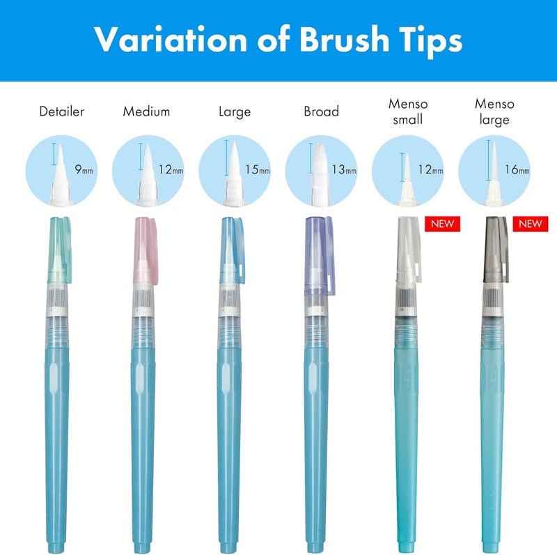 Kuretake Zig Water Brush Pen BRUSHS2O Long 6 Variety Set, for Watercolor Paint, Fude, Flat, Menso, Flexible Tips Assorted, for Professional, Artists, Made in Japan - Image 2