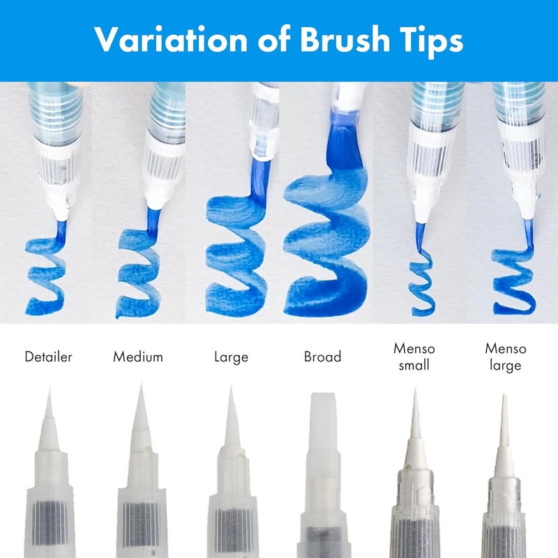 Kuretake Zig Water Brush Pen BRUSHS2O Long 6 Variety Set, for Watercolor Paint, Fude, Flat, Menso, Flexible Tips Assorted, for Professional, Artists, Made in Japan - Image 3