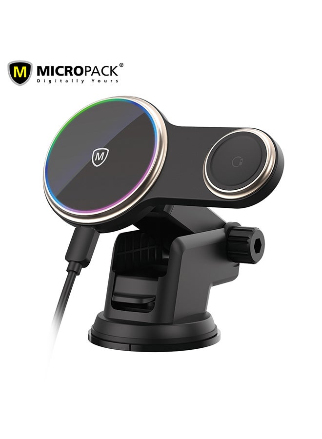 مايكروباك شاحن سيارة لاسلكي مغناطيسي Micropack MCC-215M - بقوة 15 واط، 2 في 1 (لآيفون والساعة الذكية) - Image 1