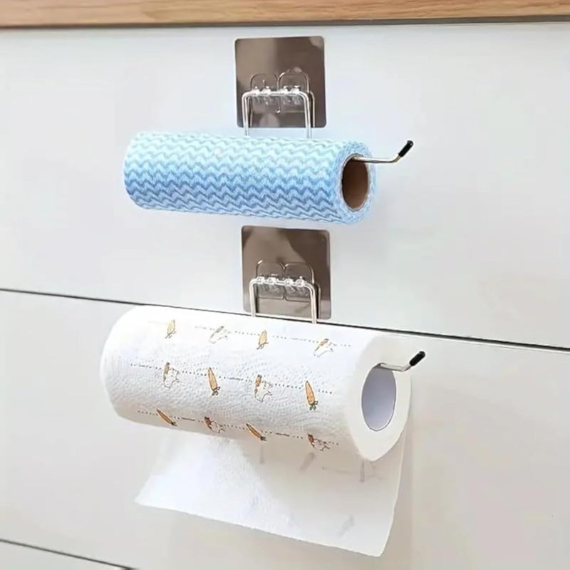 عبوة من قطعتين من حلقات المناديل ذاتية اللصق من الفولاذ المقاوم للصدأ، حامل مناشف جداري مع لاصق سحري، حامل لفافة ورق المطبخ، حامل مناديل ورقية، علاقة مناشف للاستخدام في المطبخ وحوض الغسيل
