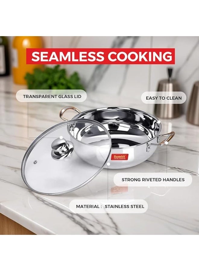Sumeet Stainless Steel Induction Bottom (Encapsulated) Kadhai with Glass Lid Size No.13 (2.3 LTR) Kadhai 23.5 cm - Image 3
