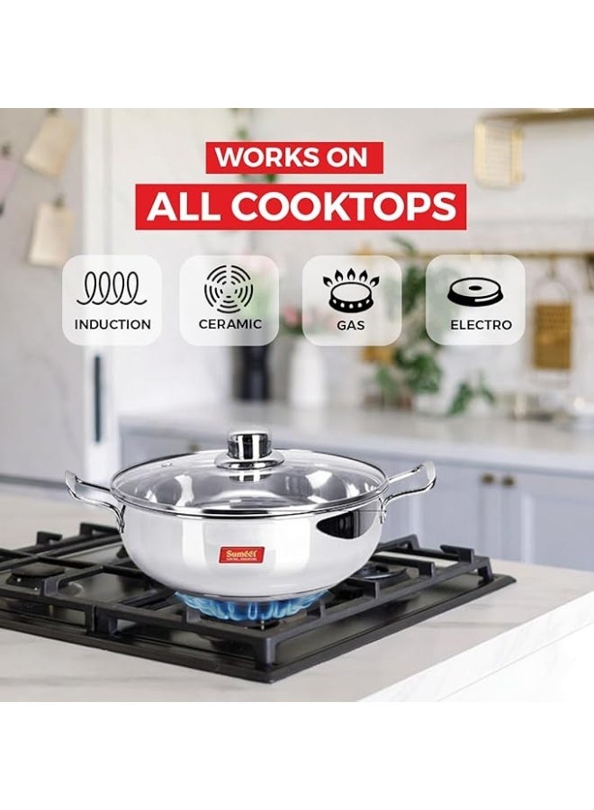 Sumeet Stainless Steel Induction Bottom (Encapsulated) Kadhai with Glass Lid Size No.13 (2.3 LTR) Kadhai 23.5 cm - Image 2