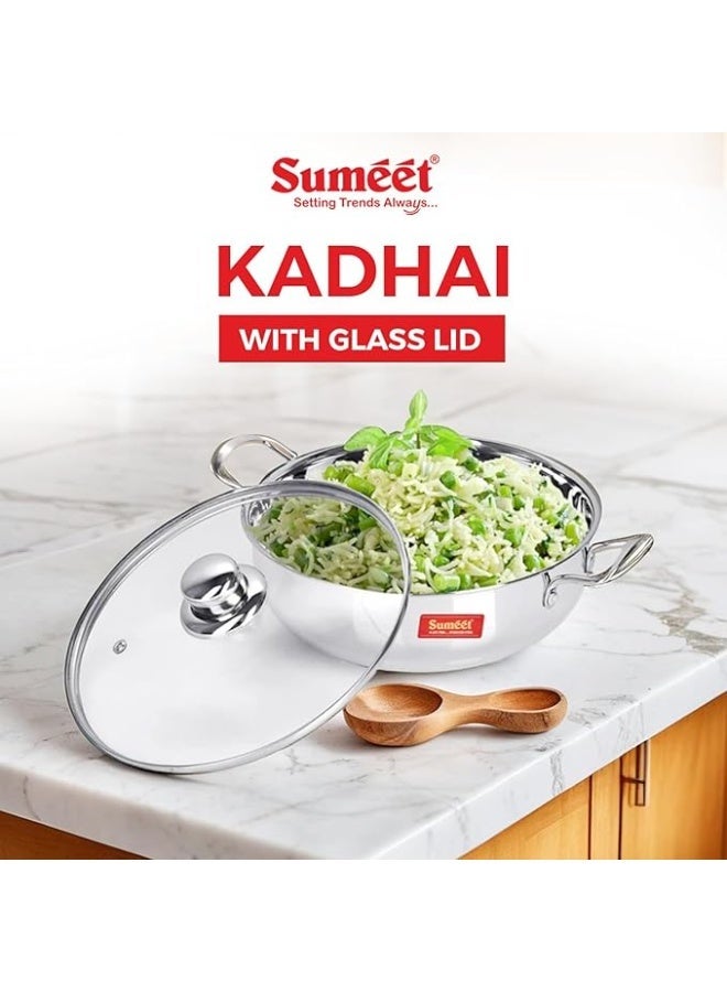 Sumeet Stainless Steel Induction Bottom (Encapsulated) Kadhai with Glass Lid Size No.13 (2.3 LTR) Kadhai 23.5 cm - Image 4