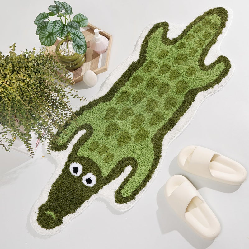 Panstar Crocodile Bath Mat for Bathroom Cute Animal Bath Mats Non Slip Alligator Shaped Absorbent Bathtub Rug Bathroom Plush Shower Rugs