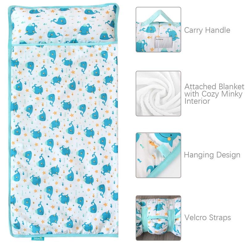 Biloban Toddler Nap Mat with Pillow and Blanket, Cot Nap Mats for Daycare Preschool, Portable Travel Sleeping Bag for Kids, Warm & Skin-Friendly, Blue Whale, 50" x 21" - Image 4