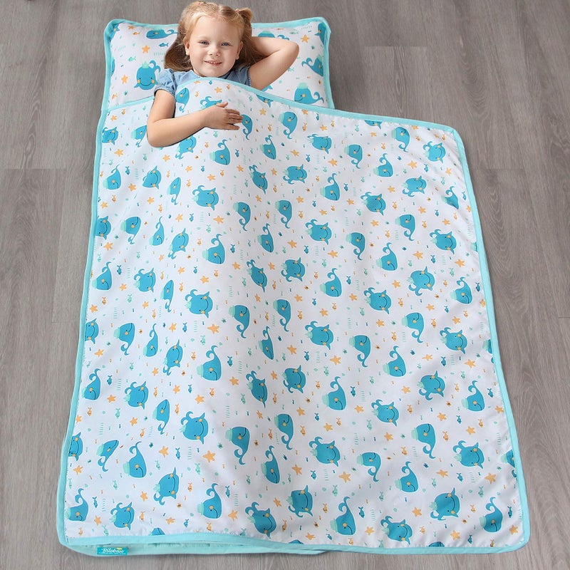 Biloban Toddler Nap Mat with Pillow and Blanket, Cot Nap Mats for Daycare Preschool, Portable Travel Sleeping Bag for Kids, Warm & Skin-Friendly, Blue Whale, 50" x 21" - Image 2