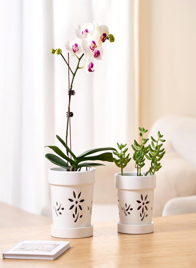 STHIE Small Orchid Pots with Holes 5 Inch & 6 Inch, Ceramic Orchid Pots for Repotting, 2 Pack Breathable Slotted Orchids Planter, White Flower - Image 2