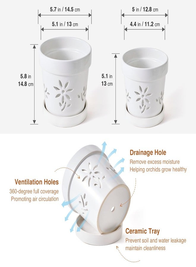 STHIE Small Orchid Pots with Holes 5 Inch & 6 Inch, Ceramic Orchid Pots for Repotting, 2 Pack Breathable Slotted Orchids Planter, White Flower - Image 3