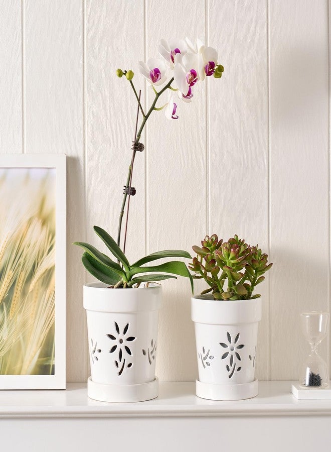 STHIE Small Orchid Pots with Holes 5 Inch & 6 Inch, Ceramic Orchid Pots for Repotting, 2 Pack Breathable Slotted Orchids Planter, White Flower - Image 5
