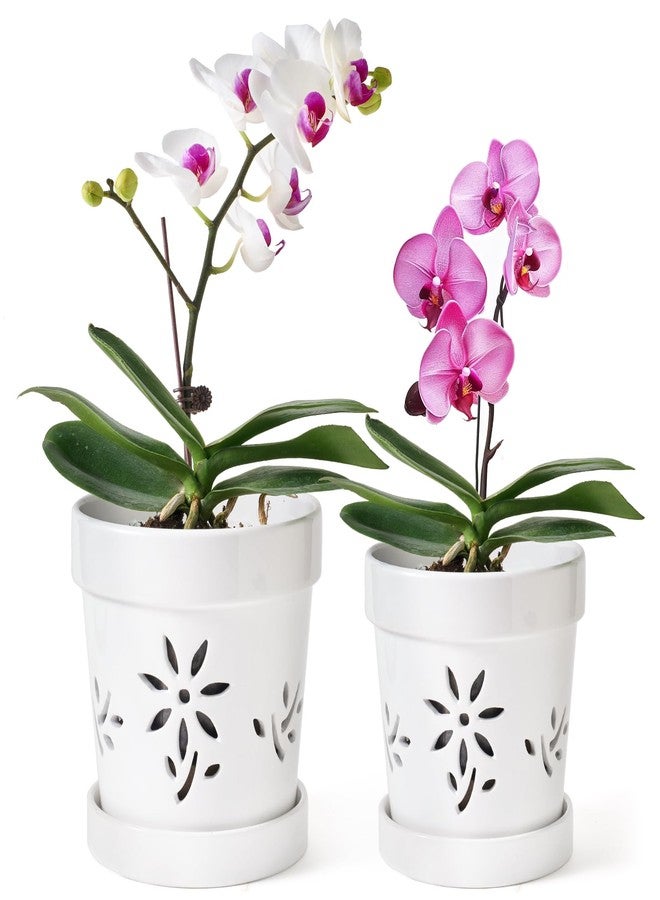 STHIE Small Orchid Pots with Holes 5 Inch & 6 Inch, Ceramic Orchid Pots for Repotting, 2 Pack Breathable Slotted Orchids Planter, White Flower - Image 1
