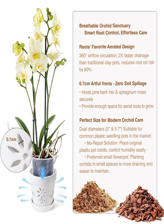 STHIE Small Orchid Pots with Holes 5 Inch & 6 Inch, Ceramic Orchid Pots for Repotting, 2 Pack Breathable Slotted Orchids Planter, White Flower - Image 4