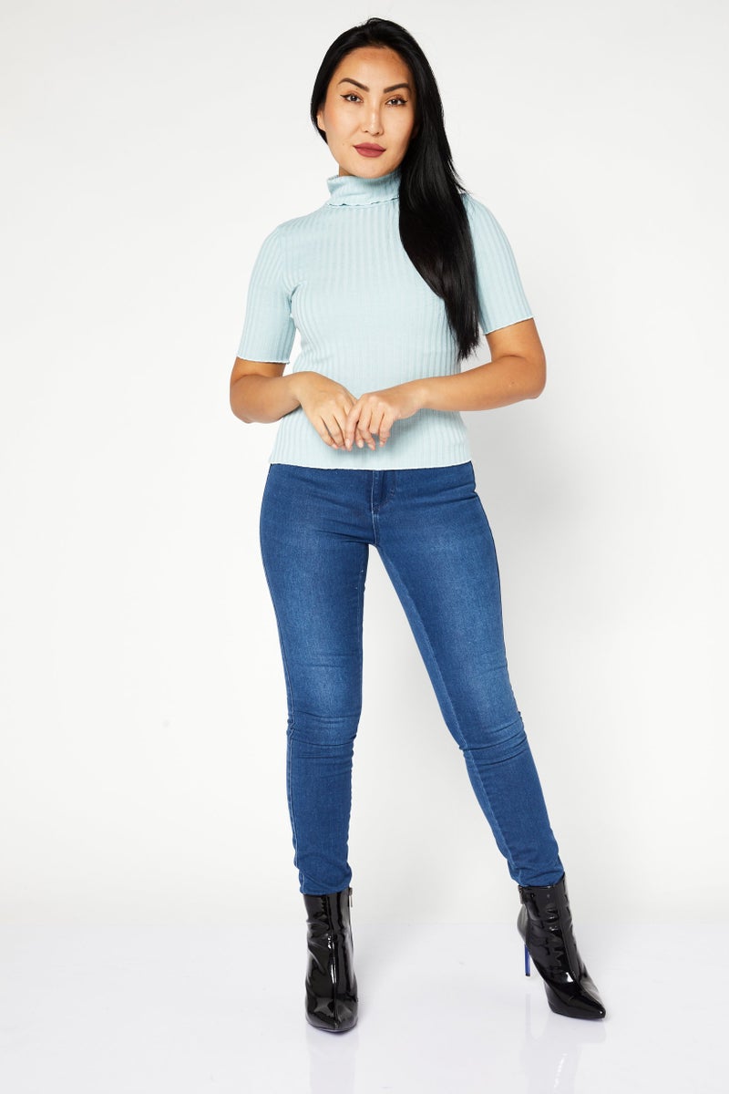 NA-KD Women High Neckline Short Sleeve Ribbed Top, Blue - Image 2