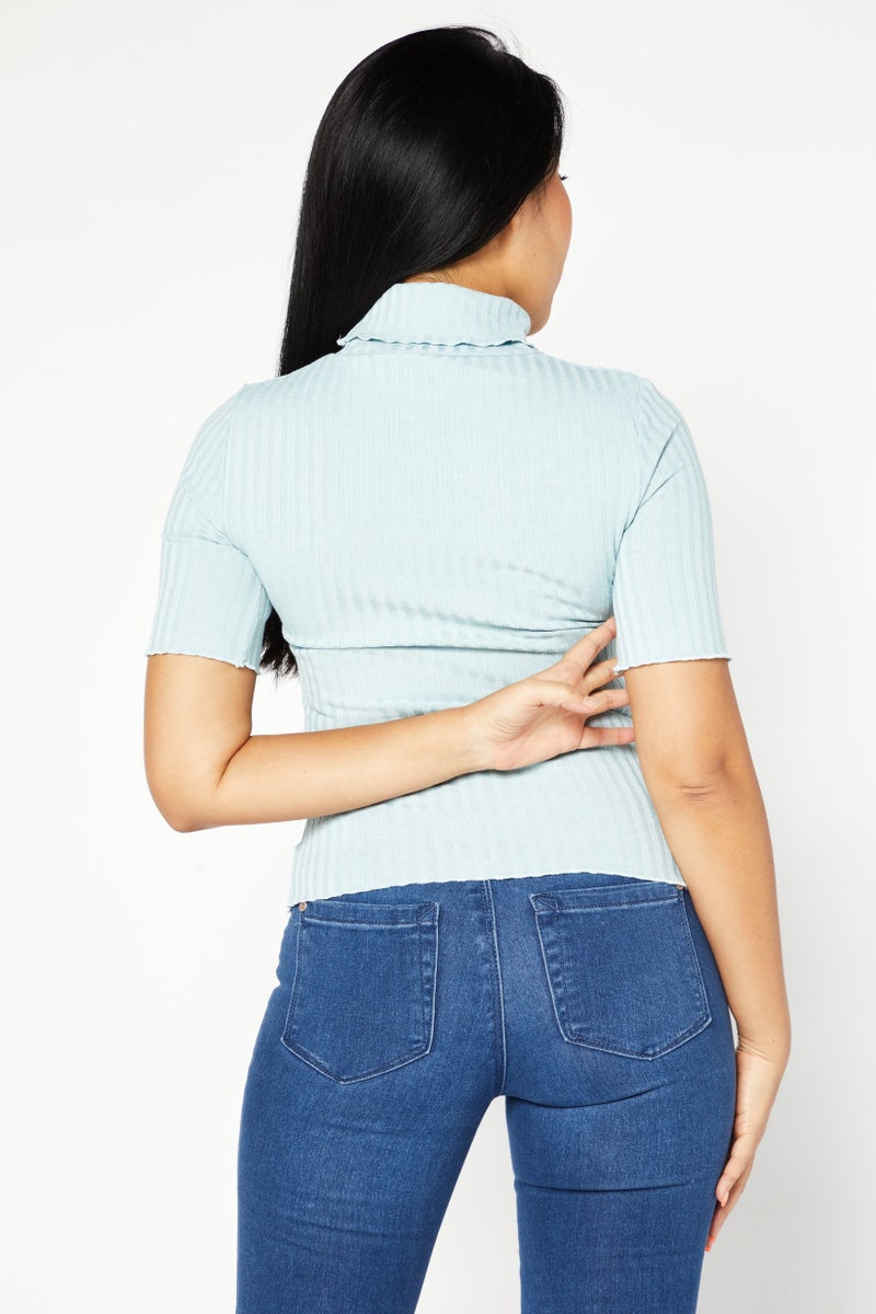 NA-KD Women High Neckline Short Sleeve Ribbed Top, Blue - Image 3