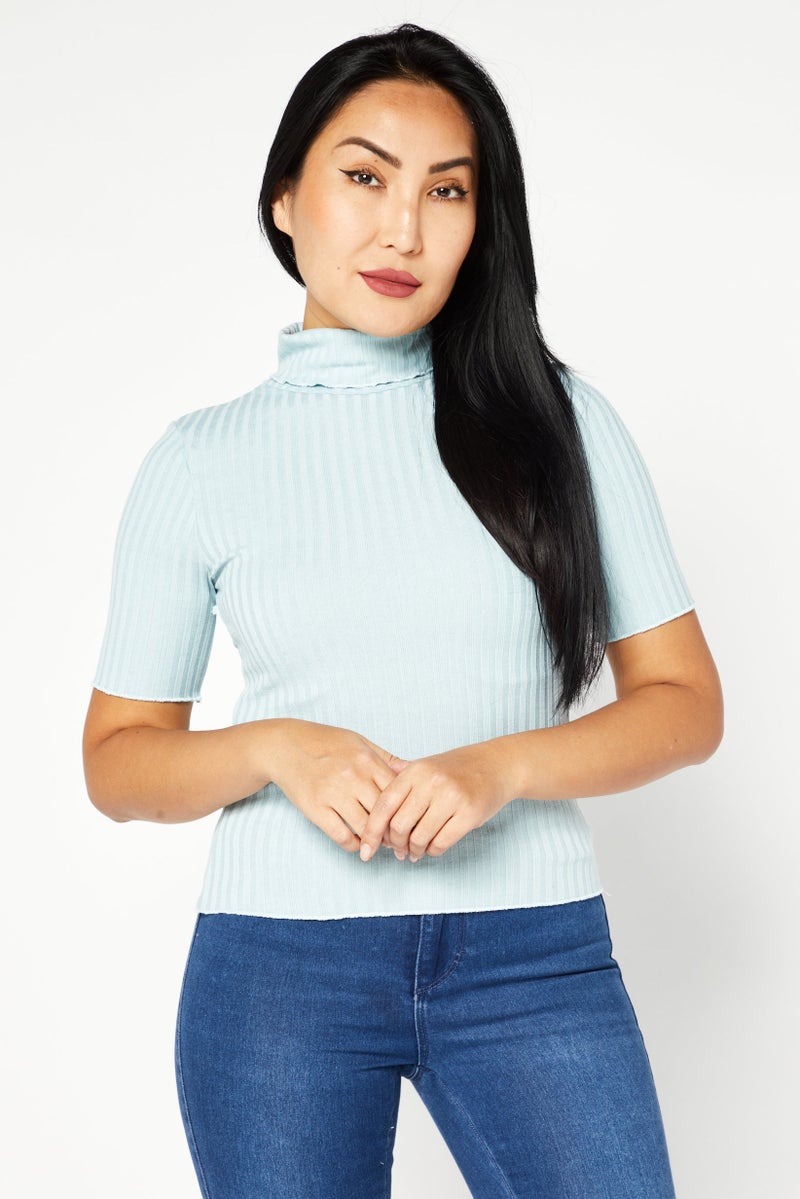 NA-KD Women High Neckline Short Sleeve Ribbed Top, Blue - Image 1