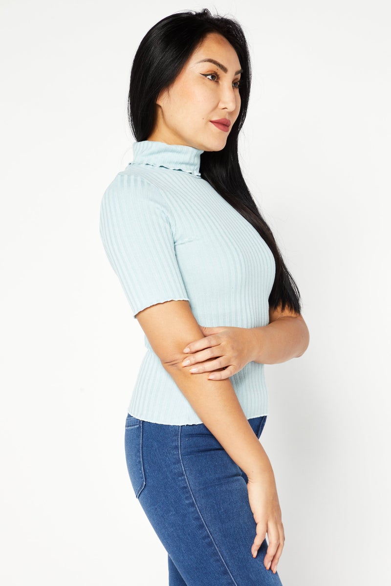 NA-KD Women High Neckline Short Sleeve Ribbed Top, Blue - Image 4