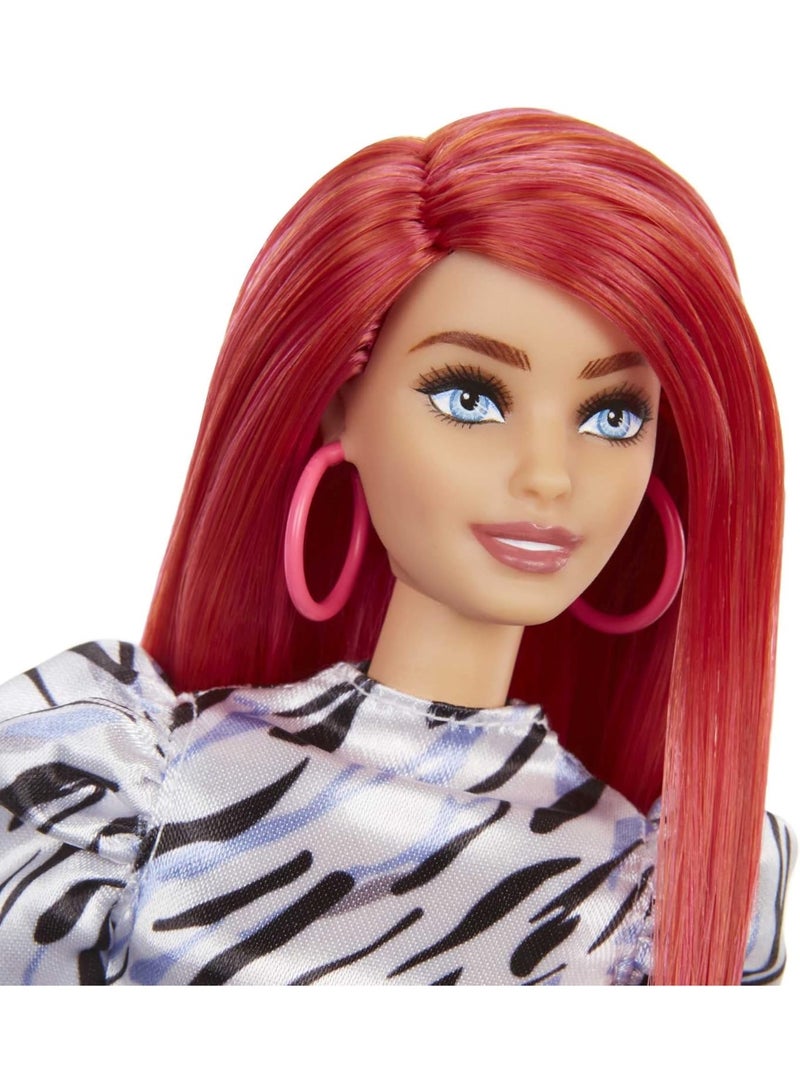 Barbie Fashionistas Doll #168 with Smaller Bust & Long Red Hair, Zebra-Striped Dress & Accessories Including Large Hoop Earrings & Slip-on Shoes - Image 2