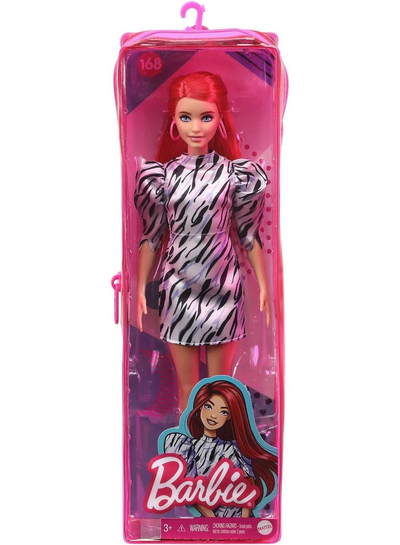 Barbie Fashionistas Doll #168 with Smaller Bust & Long Red Hair, Zebra-Striped Dress & Accessories Including Large Hoop Earrings & Slip-on Shoes - Image 1