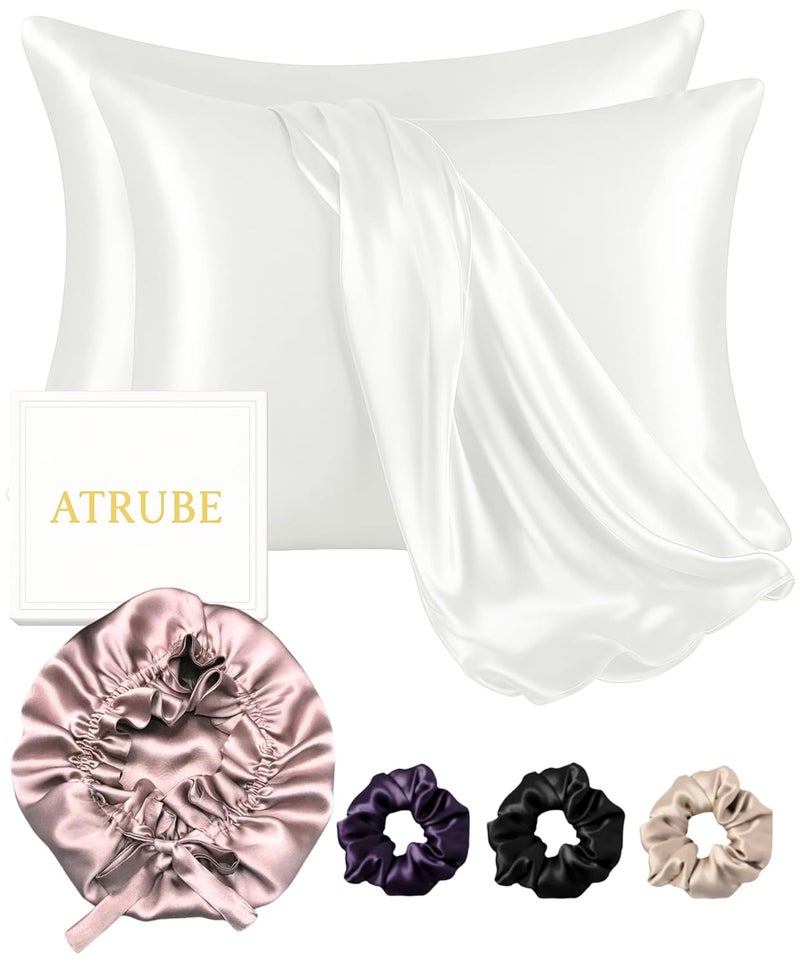 Atrube Womens Satin Silk Bonnet Hair Pillowcase 3 Premium Scrunchies Adjustable Cap Curly Hair Ribbon Tie Band Satin Hair Wrap White - Image 1