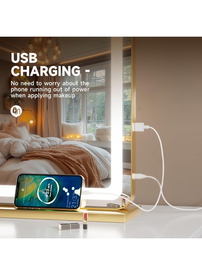 والالا مرآة زينة كبيرة بإضاءة LED، مرآة مكياج بإطار معدني مضاءة، مرآة حمام، مرايا طاولة منزلية مع 3 أوضاع قابلة للتعتيم، تحكم ذكي بشاشة تعمل باللمس، تعديل السطوع، قابس جانبي - Image 4