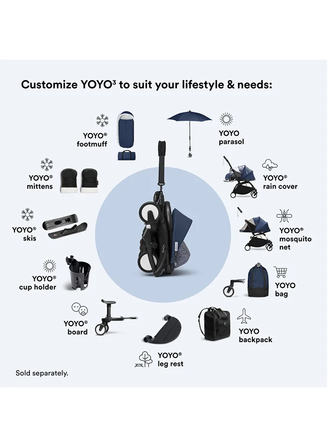 ستوك حزمة ستوكي YOYO 0+ لحديثي الولادة، عش رضيع مسطح مدمج مع حزام خماسي النقاط ومظلة UPF 50+، ملحق عربة سفر، أزرق طيران فرنسا، هيكل أسود يباع منفصلاً