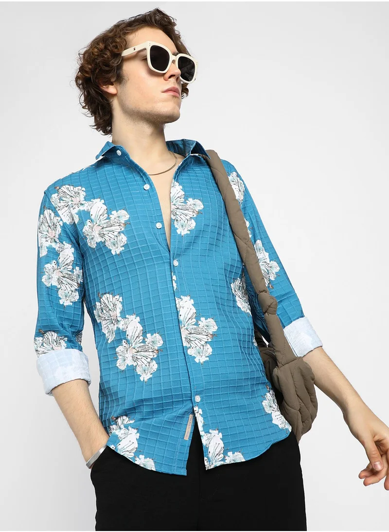 كامبوس سوترا Men's Sky Blue Hibiscus-Waffle Shirt