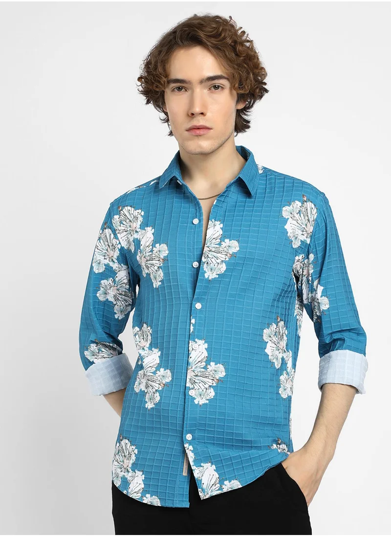 كامبوس سوترا Men's Sky Blue Hibiscus-Waffle Shirt