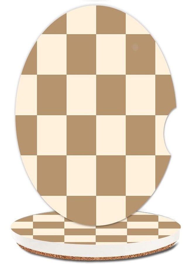 ZHIZHEND Ceramic Cup Holders Car Coasters for Women/Men,Fashion Absorbent Drink Cup Car Holder Coasters with A Finger Notch 2.56" Pack of 2, Checkered Vintage Brown - Image 2