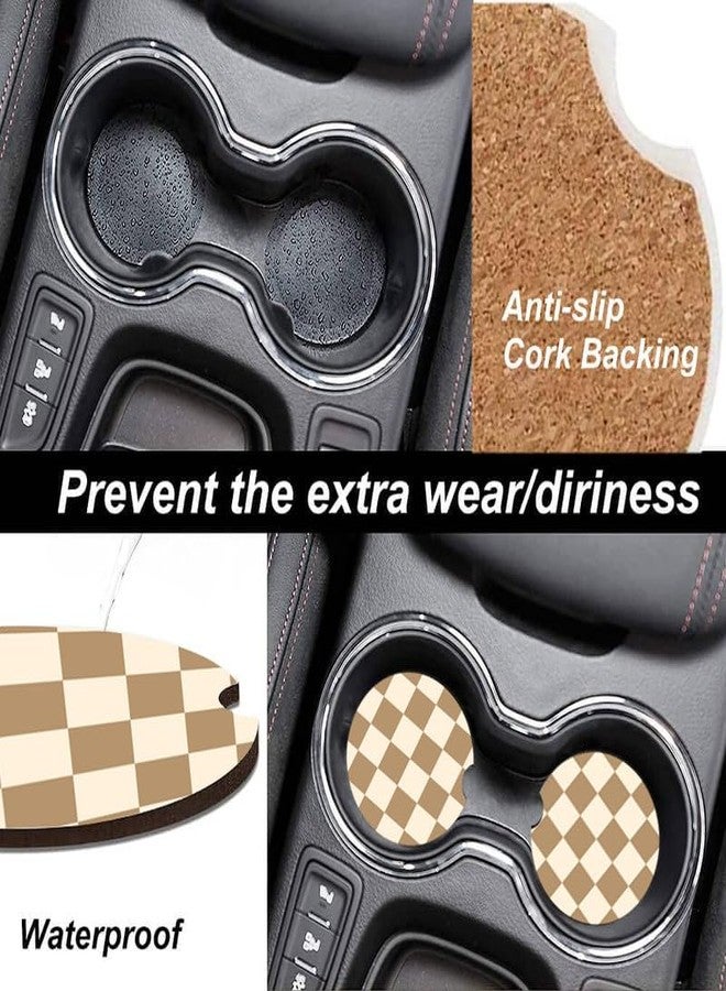 ZHIZHEND Ceramic Cup Holders Car Coasters for Women/Men,Fashion Absorbent Drink Cup Car Holder Coasters with A Finger Notch 2.56" Pack of 2, Checkered Vintage Brown - Image 5