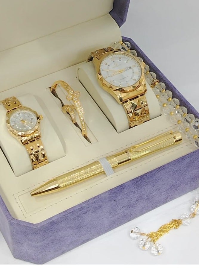 Watch set consisting of a men's watch, a women's watch, a pen, a bracelet, and a ring.