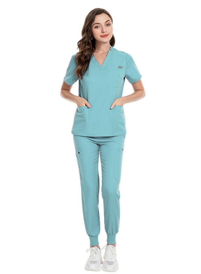 Loquat Medical Uniform Scrubs Set Medical Scrubs Solid Color 2 Piece Set Top and Pants Suit Light Blue - Image 1